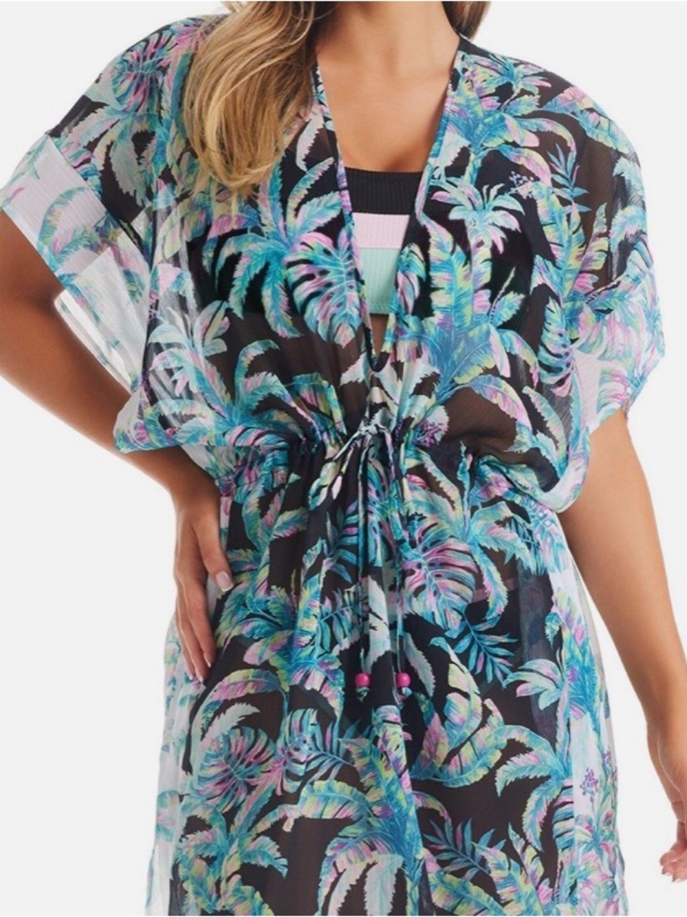 Jessica Simpson ~ Large; Black Tropical Leaf Print Swim Coverup Dress
